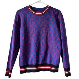 Women's Medium Blue and Red Patterned Knit Casual Pull Over Crew Neck Sweater